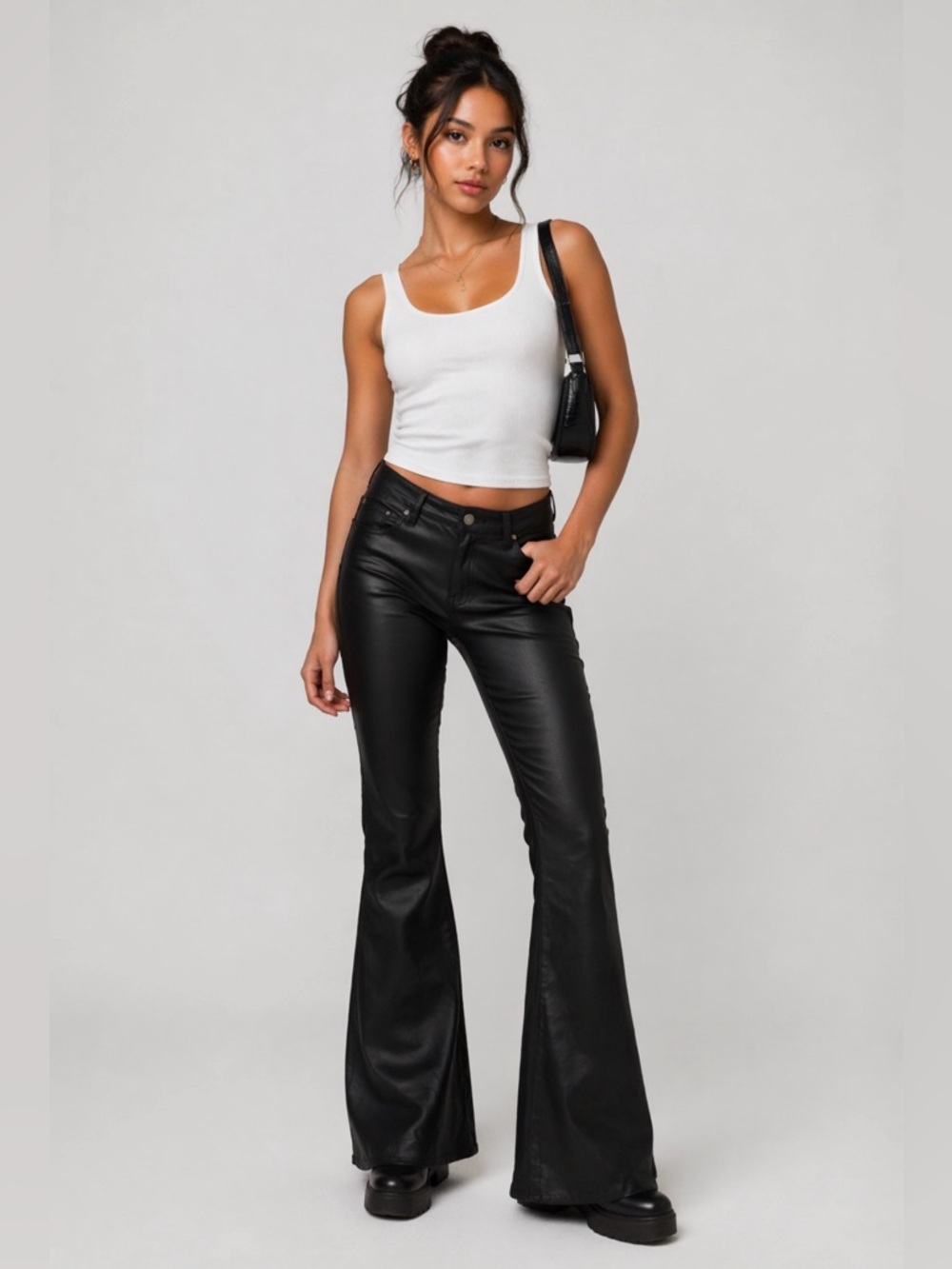 Edikted Wax Coated Flare Jeans Sz S